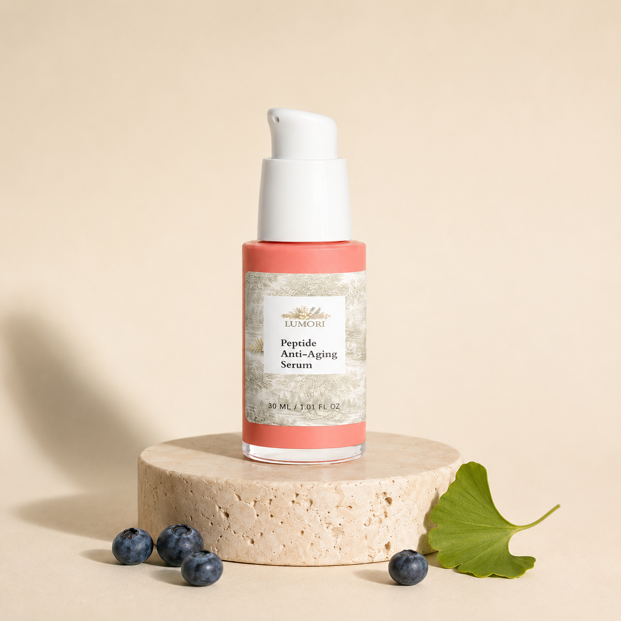 Peptide Anti-Aging Serum on stone pedestal