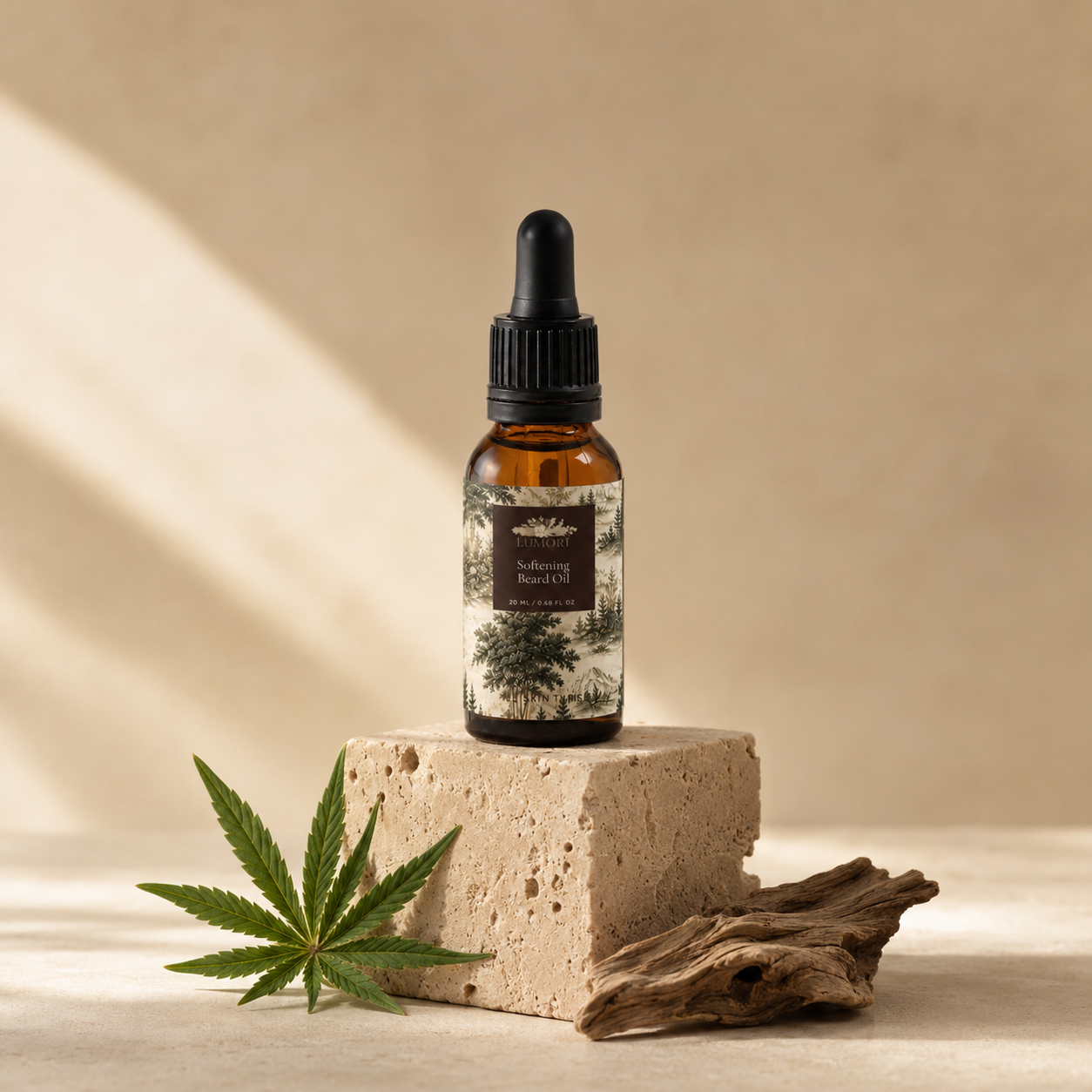 Softening Beard Oil on stone pedestal