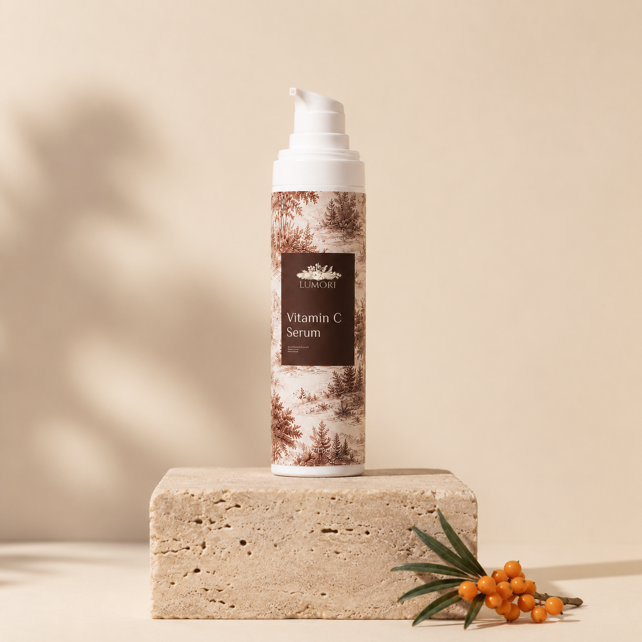 LUMORI Vitamin C Serum on a travertine pedestal